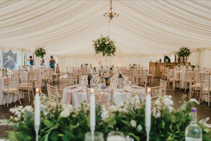 wedding set up with tables, chairs and decor at abercairny