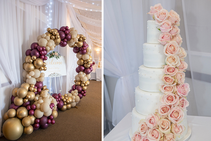 Left Image Shows Balloon Arch By Wishes And Kisses And Right Image Shows Pink Rose Wedding Cake By Adelie Bakes