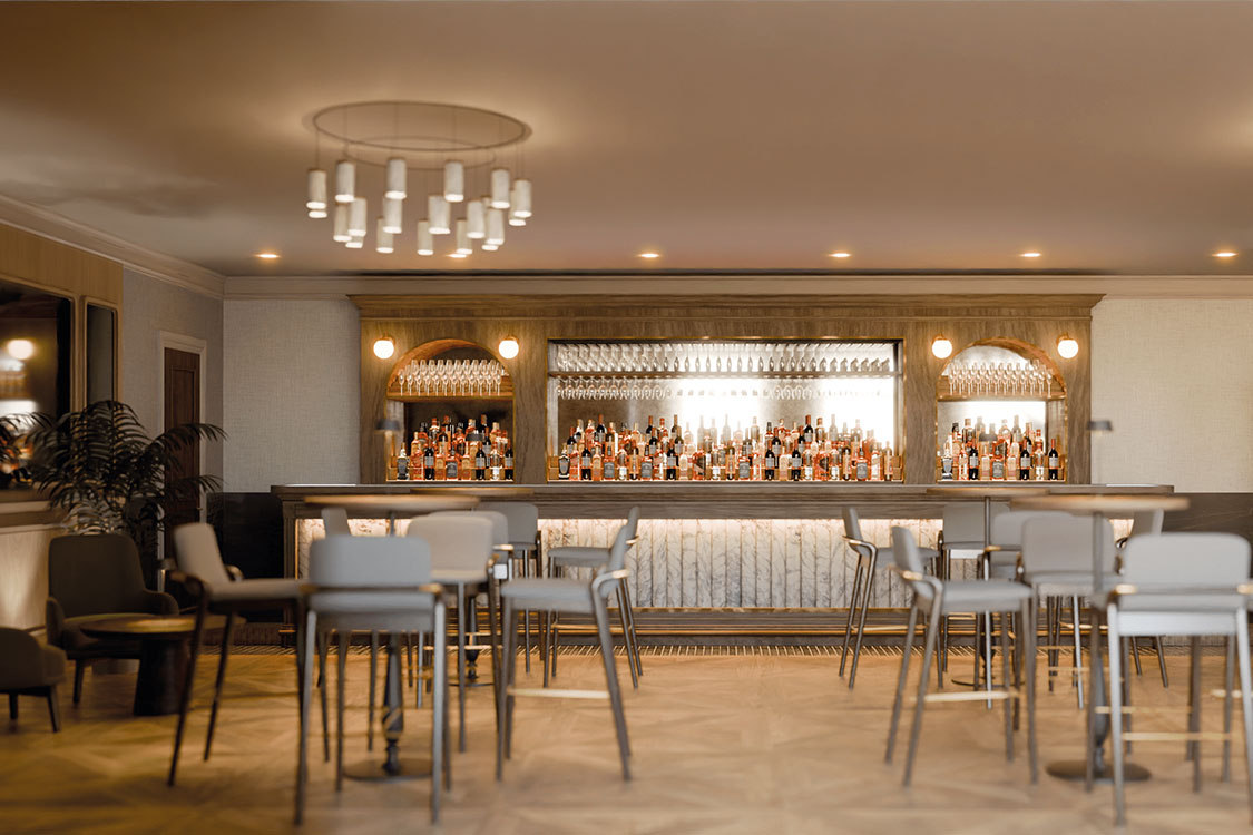 artist rendering of a chic, polished, well-lit and well-stocked bar