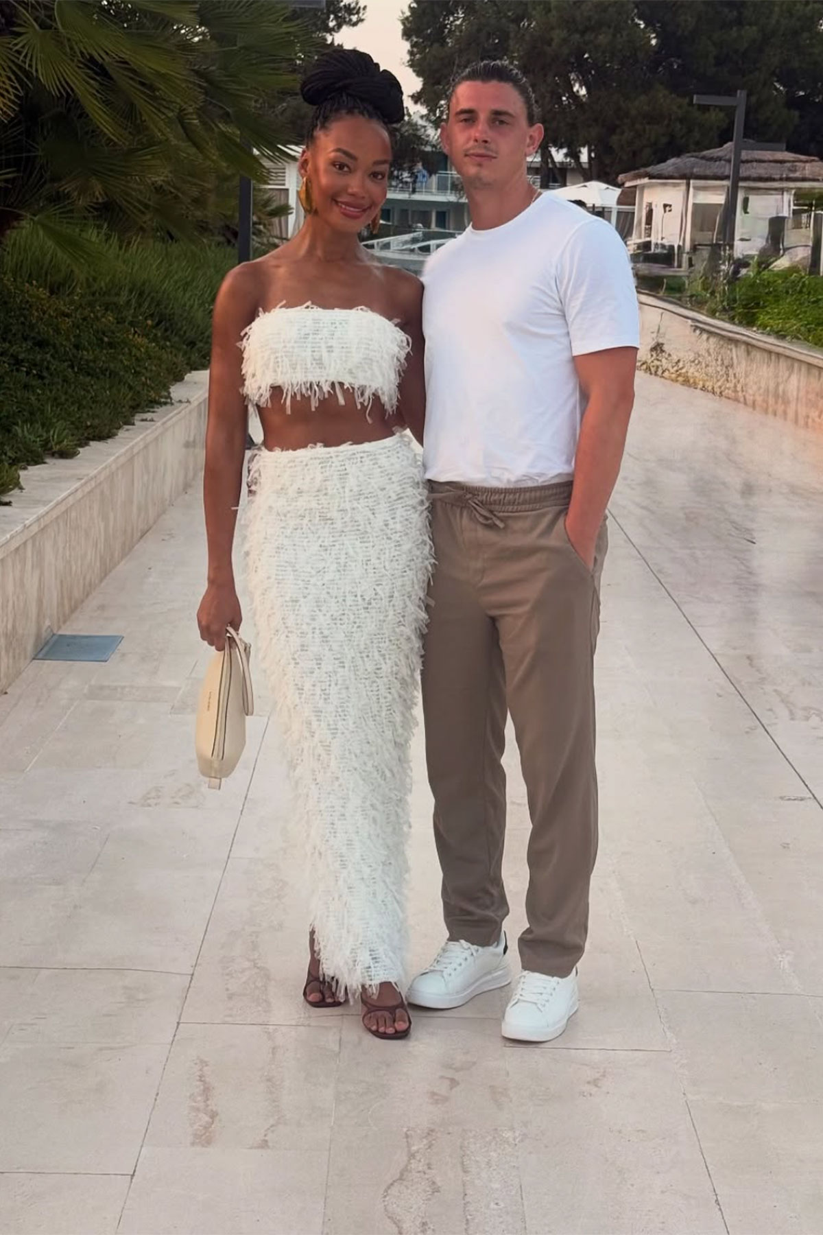 model and influencer maggie smith smiles with fiance jordan lowden on holiday