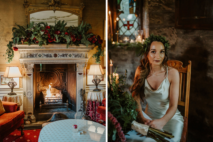 Interior of Roman Camp Hotel with roaring fire and bride sitting at a table