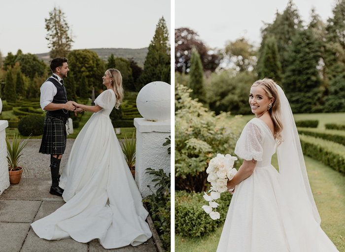 left image shows a bride and groom facing side on holding hands and smiling elatedly at one another as they stand in garden at Achnagairn Castle; right image shows a bride smiling holding a cascade of white flowers while standing in a garden of greenery and manicured hedges at Achnagairn Castle