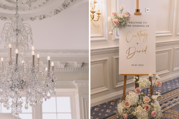 Picture of the chandelier and one of wedding sign with pink and white flowers