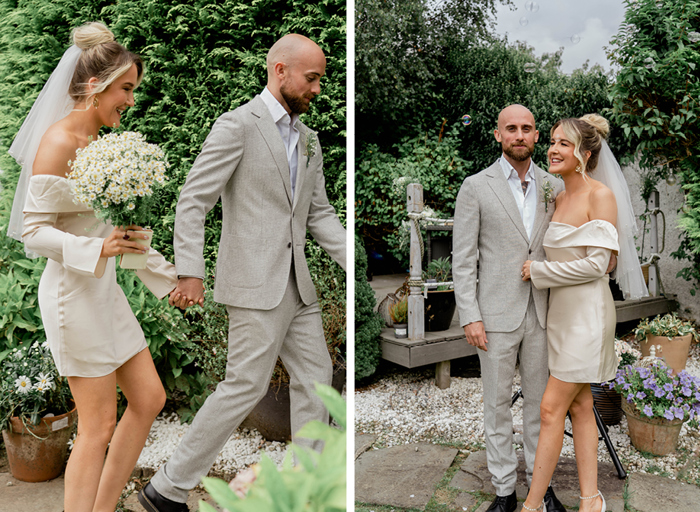 a bride and groom in a garden