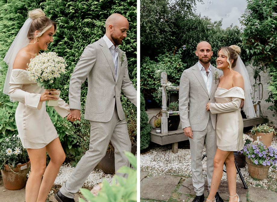 a bride and groom in a garden