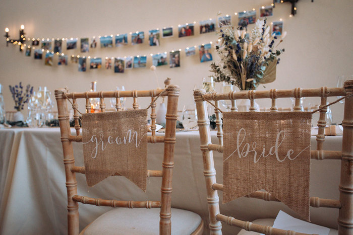 Rustic bride and groom chair signs on Chiavari chairs