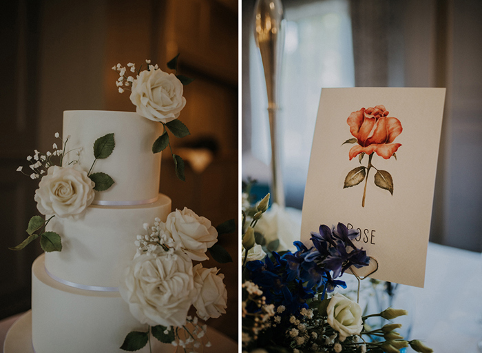 A three tier wedding cake with white roses on the left and on the right a sign with a drawing of a red rose and the word 'rose' underneath