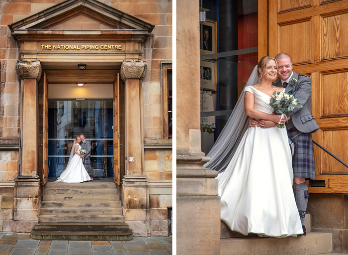 A bride and groom embrace standing at the top of a set of stone stairs in front of a large wooden door