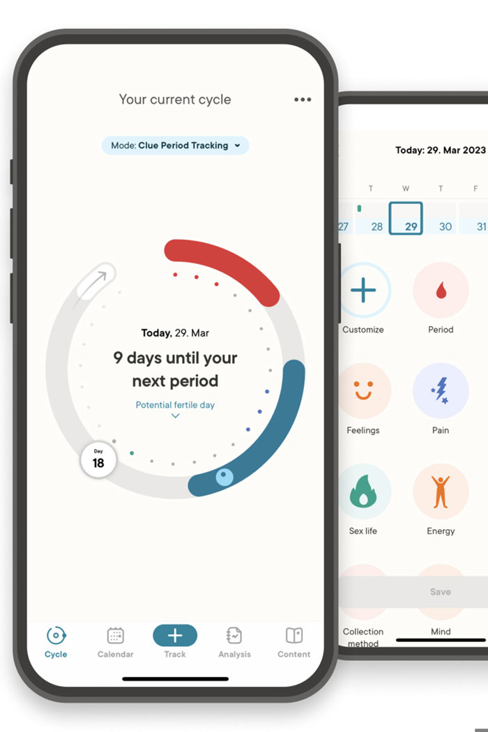 two phone screens with a view of a circular calendar style period tracking system