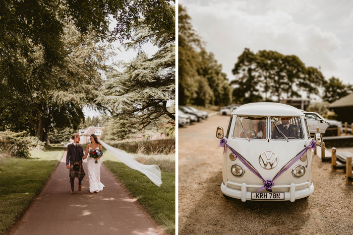 Photo showing the couple walking on a path and one of them in the WV Campervan