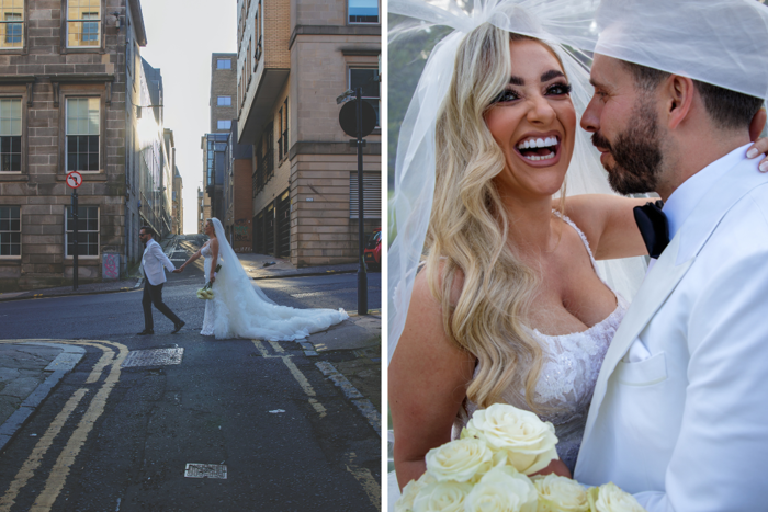 street view of bride and groom holding hands and walking in Glasgow city centre, bride and groom under bride's veil smiling and looking at camera