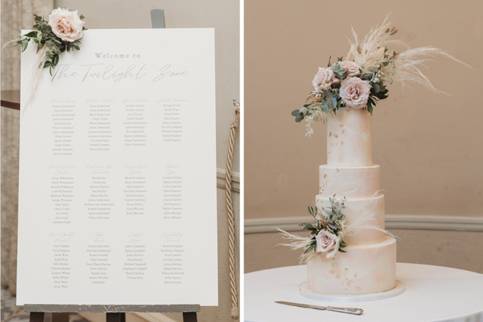 Seating chart with pink flower at the top, and same pink flowers covering four-tier wedding cake 