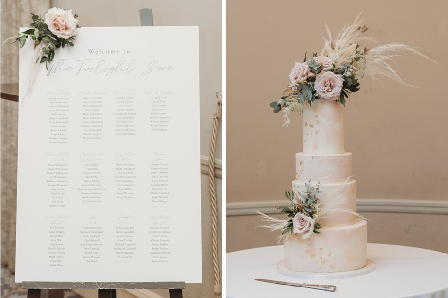 Seating chart with pink flower at the top, and same pink flowers covering four-tier wedding cake