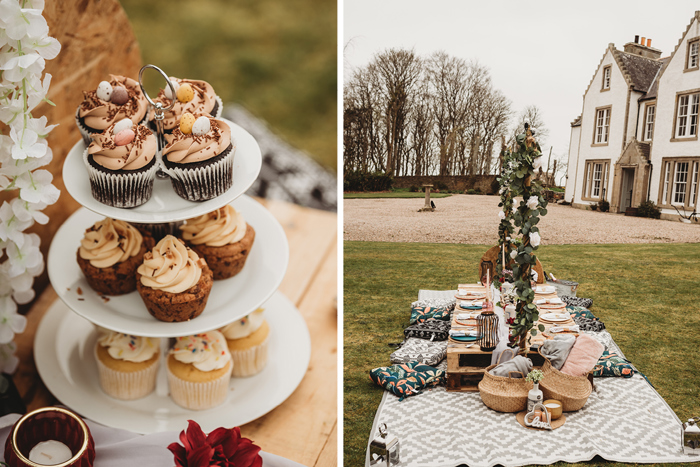 Cake stand with cupcakes and outdoor table set up