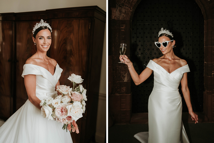 A bride poses on the left holding a white and pink bouquet and on the right wearing white heart-shaped sunglasses, in both photos she is wearing a silk white off the shoulder dress
