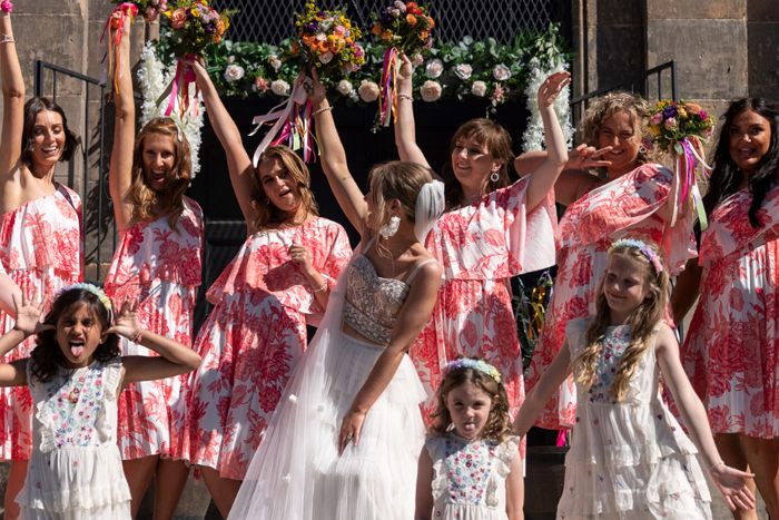 Bride With Bridesmaids Outside St Lukes In Glasgow