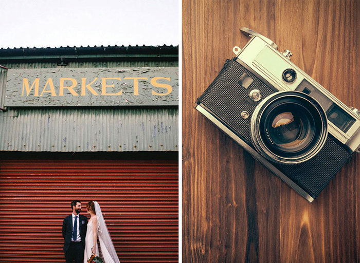 A couple stand against a red shutter on left, and a close up of a film camera on right 