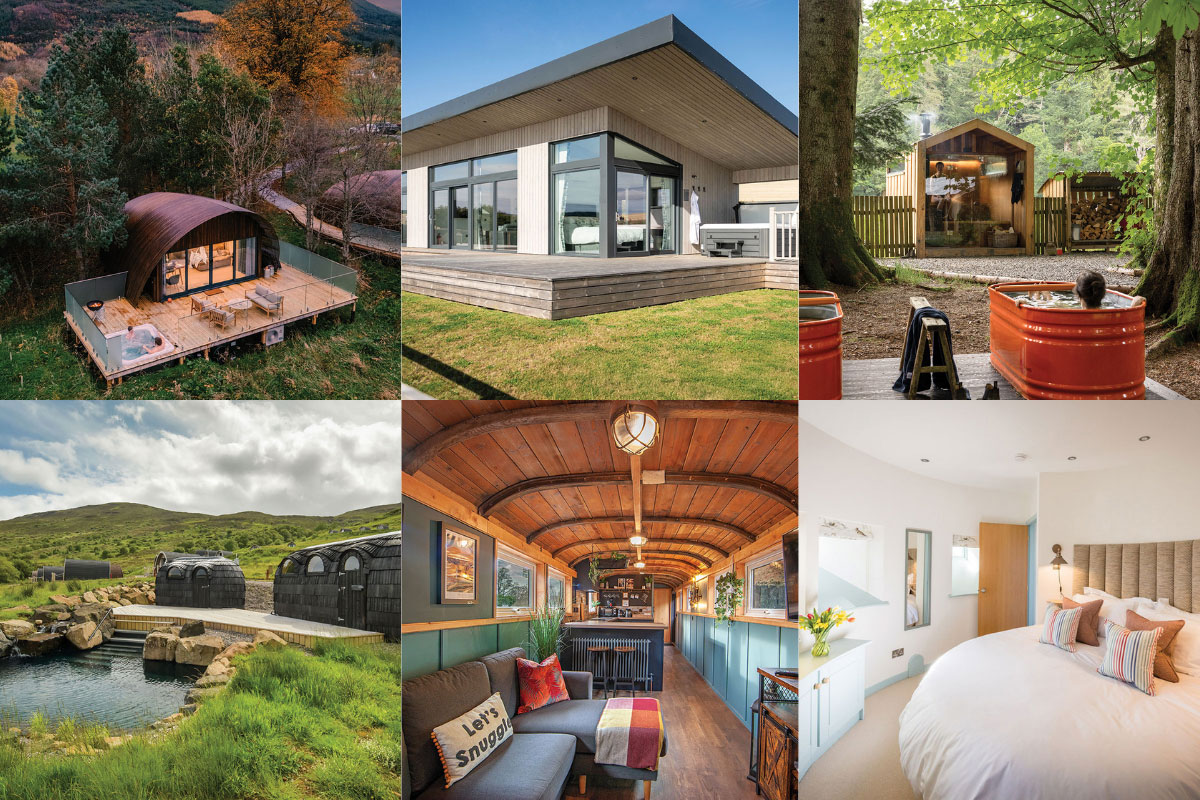Collage of six romantic Scottish mini-moon retreats, featuring luxury cabins, lodges and unique accommodation with hot tubs, woodland saunas and scenic Highland views