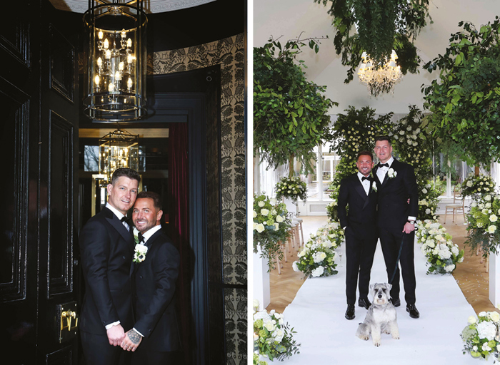 Left image shows two smiling grooms holding hands in a black and gold doorway at Carlowrie Castle. Right image shows two grooms standing on a white carpeted aisle surrounded by abundant green and white floral arrangements and trees in pots. A schnauzer dog on a lead sits on the floor