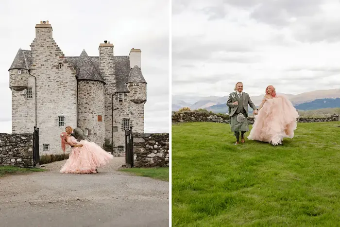 a groom in a light green kilt and a bride in a pink dress outside a castle in the left image and walking through a field in the right image