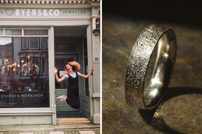 separate images of a woman jump posing outside a jewellery store and a silver ring close up