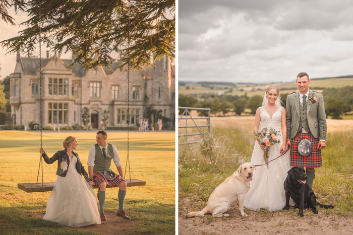 On the left a bride and groom sit on a wooden swing outside a country house, on the right a bride and groom stand in a field with two labradors