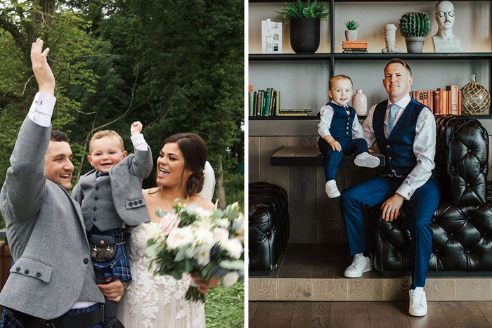 Bride and groom holding son and cheering and image of groom with son in matching outfit