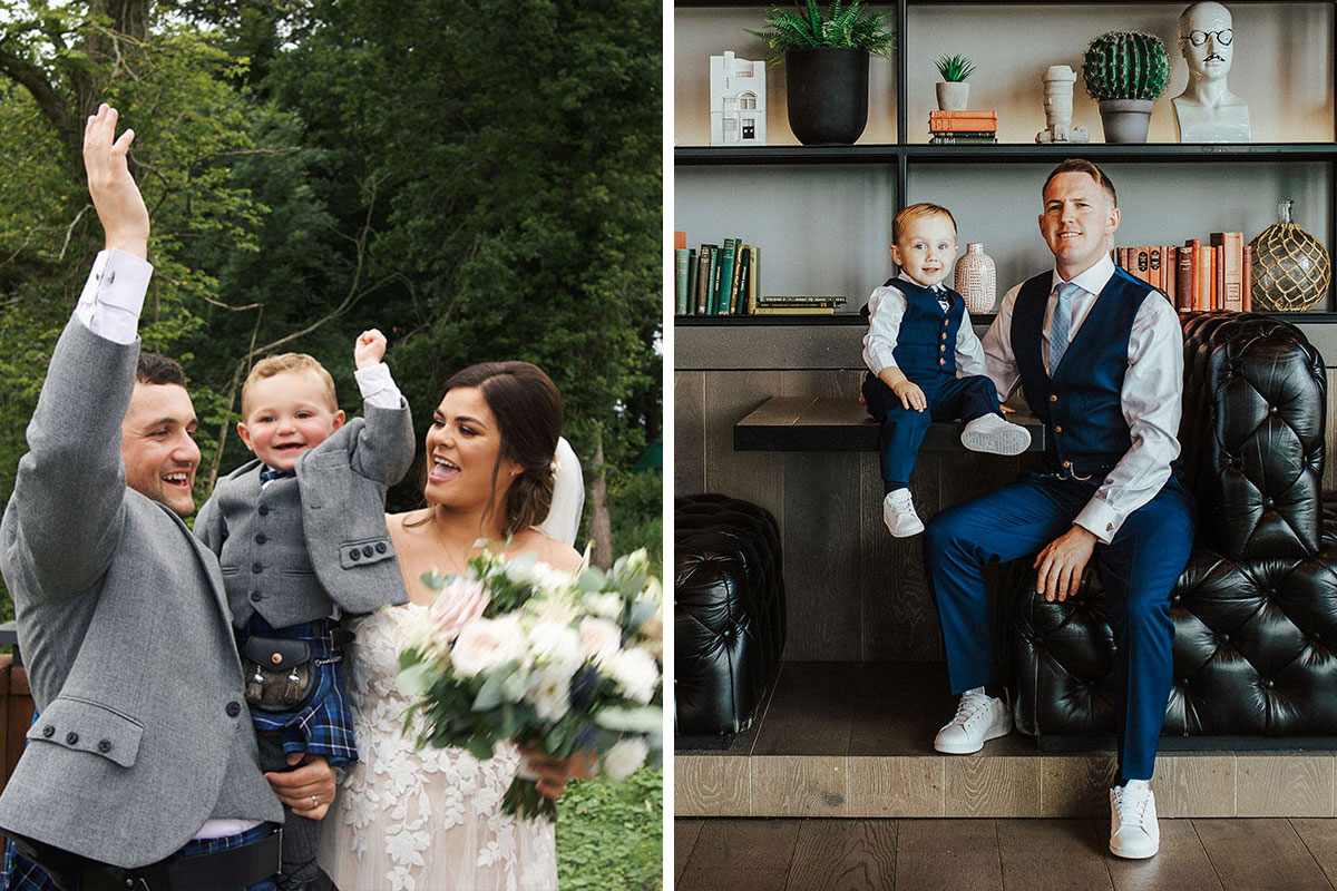 Bride and groom holding son and cheering and image of groom with son in matching outfit