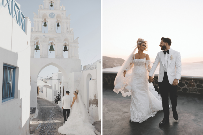 Bride and groom walking through Greek white building with blue domed roof and then looking at each other and smiling on clifftop