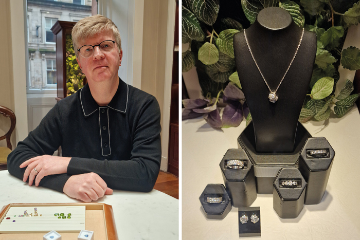 Gareth Mundie from Ian Mundie & Son and image showing rings, earrings and necklaces from the jeweller