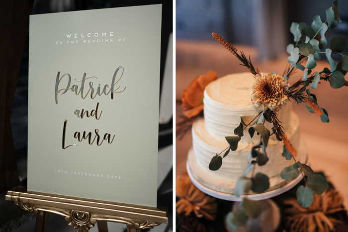 Image showing welcome sign and image showing two-tier wedding cake with foliage