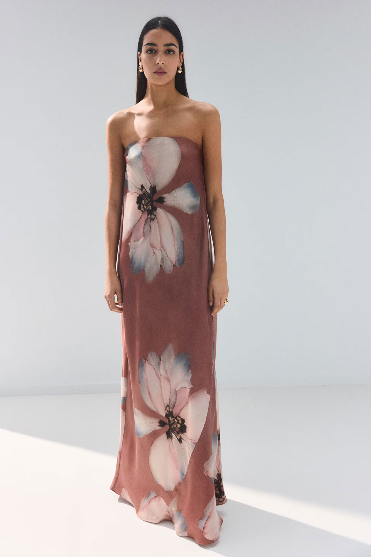Strapless floral print maxi dress with large pink and purple abstract blooms