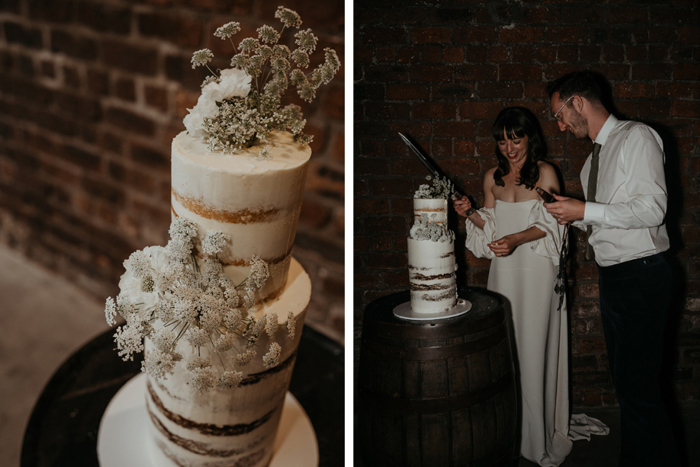 One image showing the cake and the other showing the couple cutting it