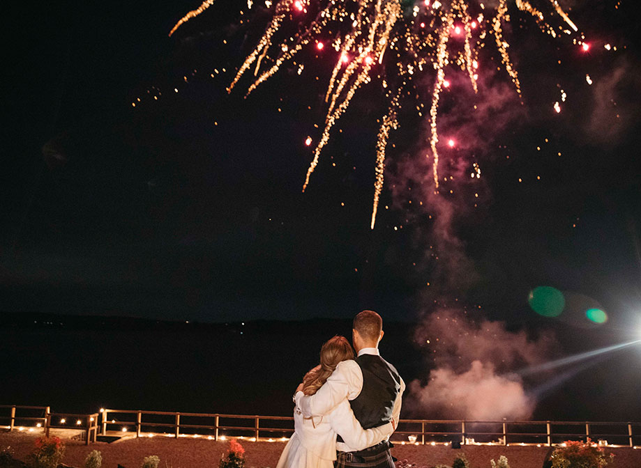 a bride and groom watching fireworks in the night sky