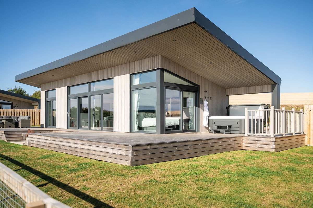 Contemporary luxury lodge with a private deck and hot tub at Logie Newton Lodges in Aberdeenshire