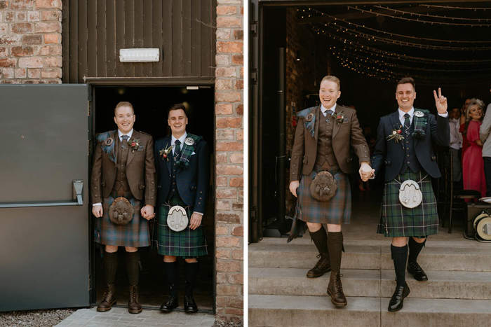  Two Men In Kilts Holding Hands Walking Through A Door On Left And Two Men In Kilts Holding Hands Walking Down A Set Of Steps On Right