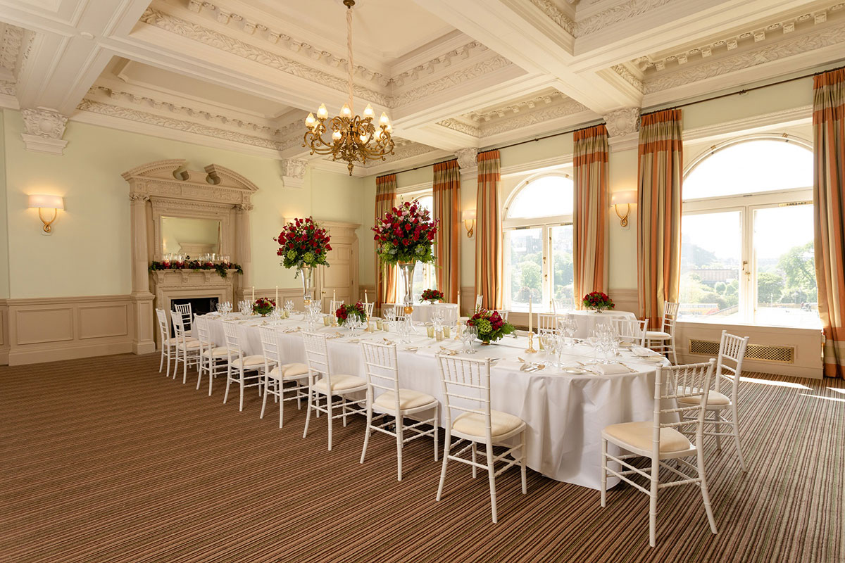 The Beauly Suite at The Balmoral Edinburgh prepared for an intimate wedding breakfast with elegant décor and natural light