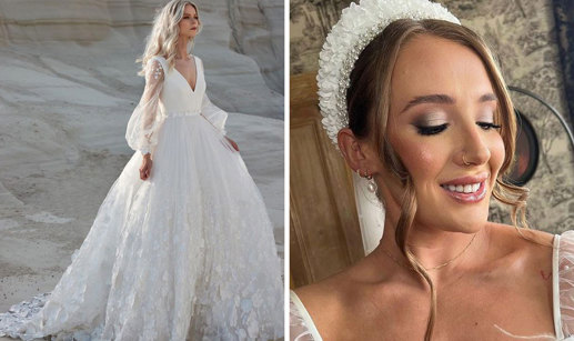 Sassi Holford wedding dress and bride wearing statement hairband