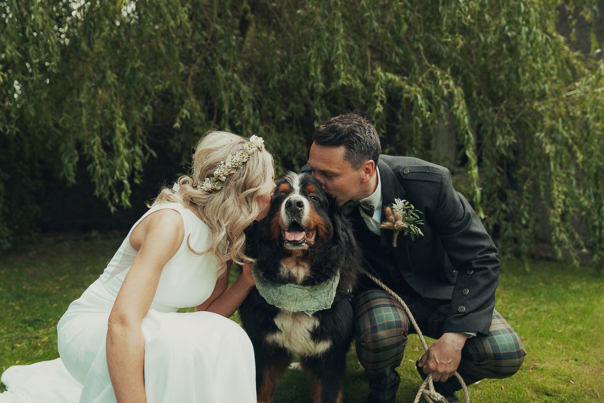 Bride and groom lean in to kiss their Bernese mountain dog on either side while holding its lead in an outdoor garden setting