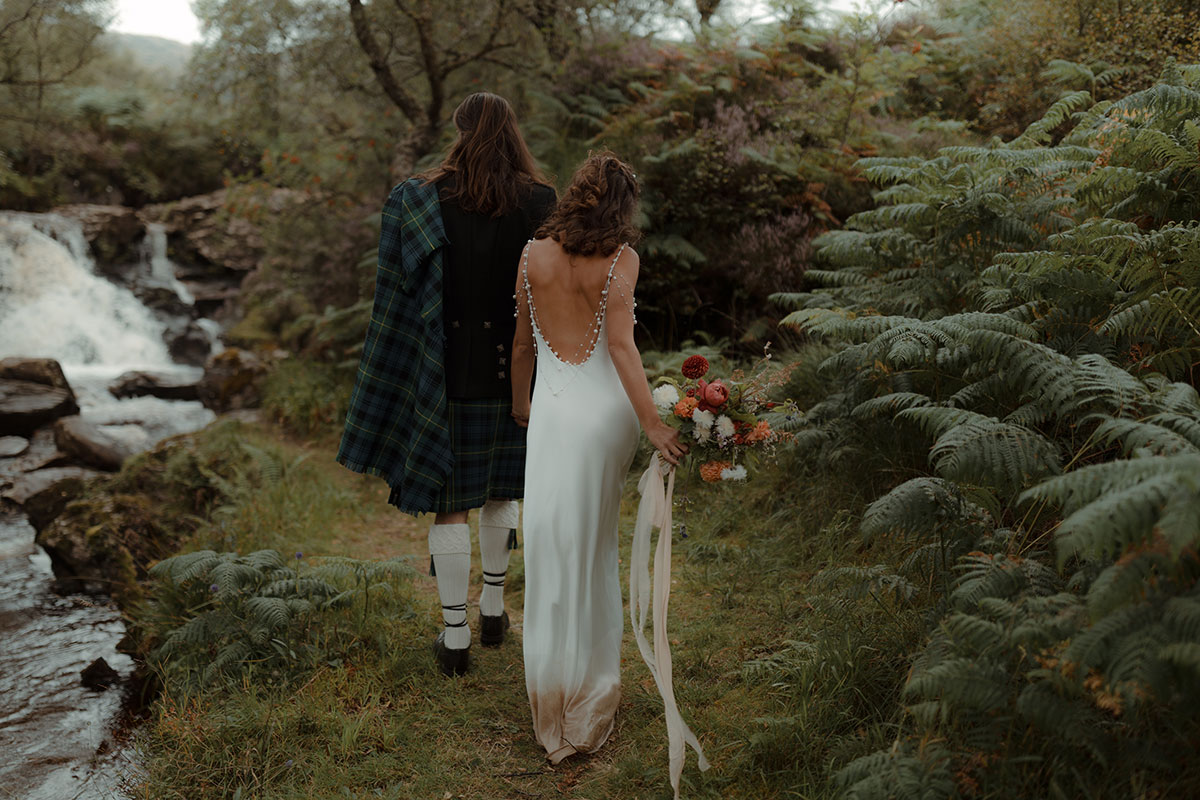 bride and groom waterfall carrick castle estate