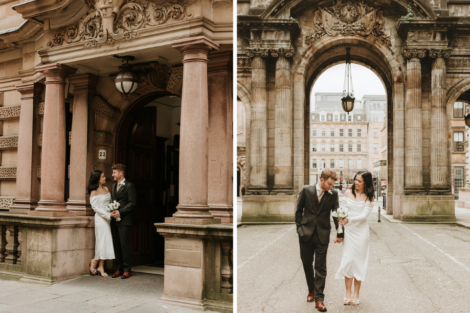 Bride and groom take couple portraits against Glasgow's architecture