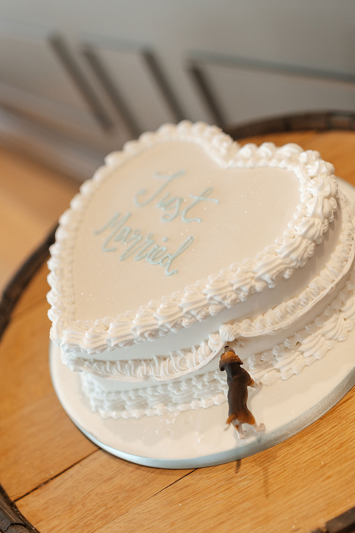 Heart-shaped white wedding cake with 'Just Married' icing and a dog cake topper at a Boturich Castle wedding reception.