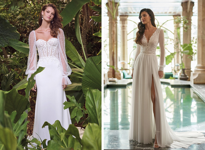 Two side-by-side images of models in wedding dresses, one with a corset and pearl-decorated sleeves, the other with a v-neck and a high leg slit