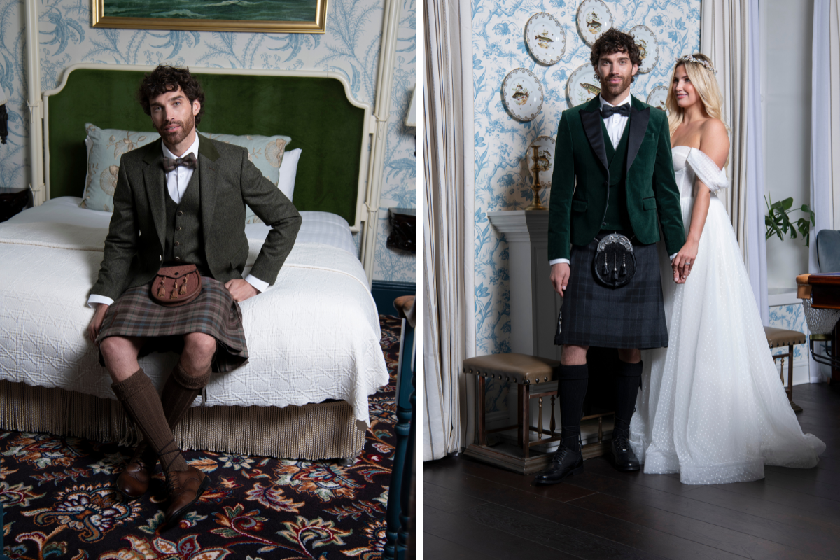 Man sitting wearing Highlandwear outfit on edge of bed and an image of a bride and groom holding hands. The groom is standing in front wearing Hihglandwear in green tones, with the bride wearing a floor length white gown