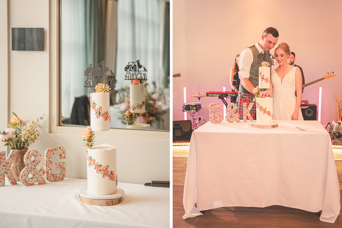 A two tie wedding cake with a floral design on the left, and the newlywed couple cutting the cake on the right 