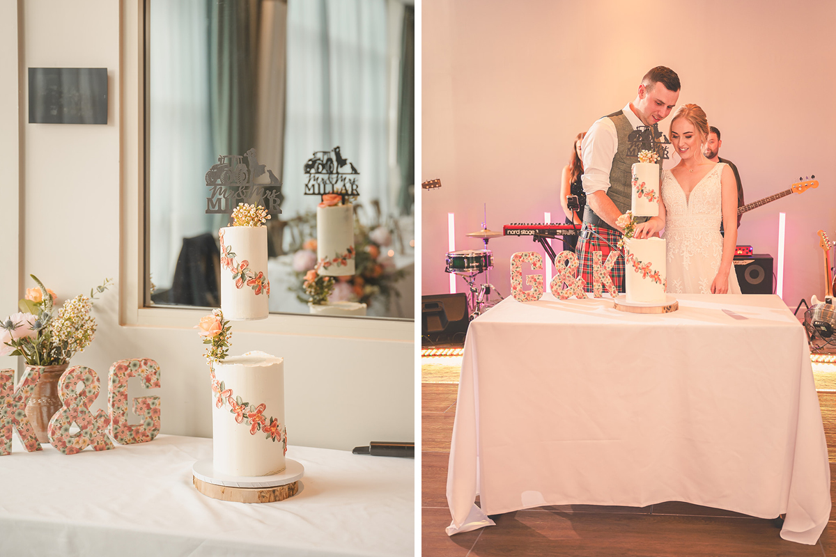 A two tie wedding cake with a floral design on the left, and the newlywed couple cutting the cake on the right