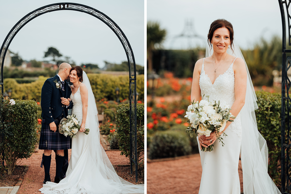 left image shows a smiling bride with groom whispering in her ear standing under a black ornamental arch amid a garden with green hedges, red flowers and orange stone gravel and right image shows a bride holding a white bouquet standing in a garden with green hedges and red flowers in background and orange gravel