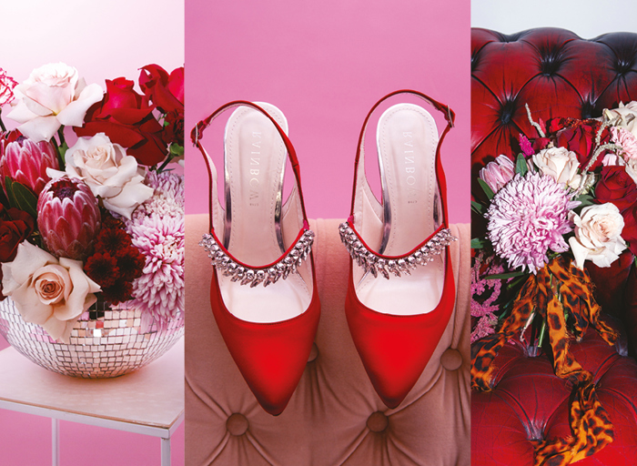 pink and red flowers and red high heel shoes