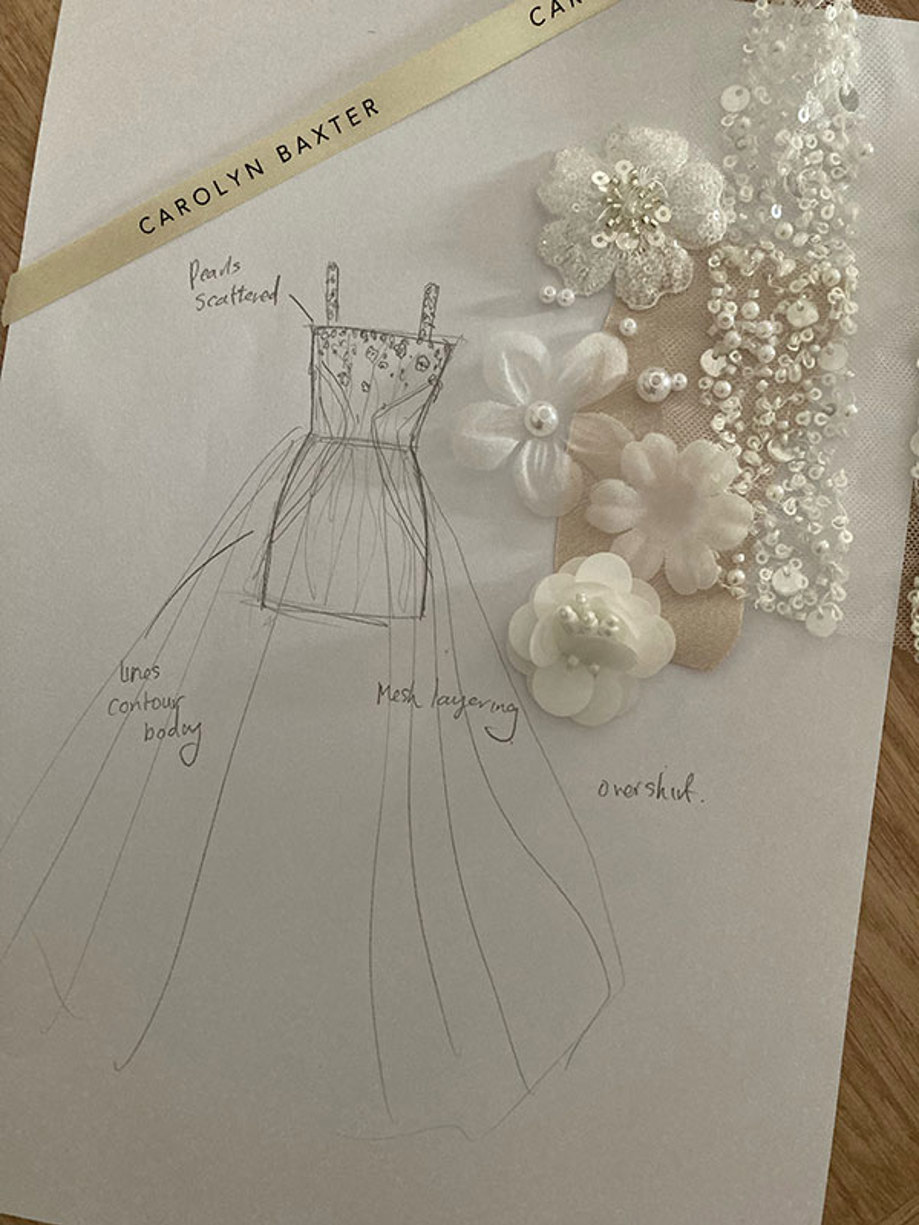 designer pencil sketch of a mini wedding dress with added overskirt plus applique samples placed in the top corner