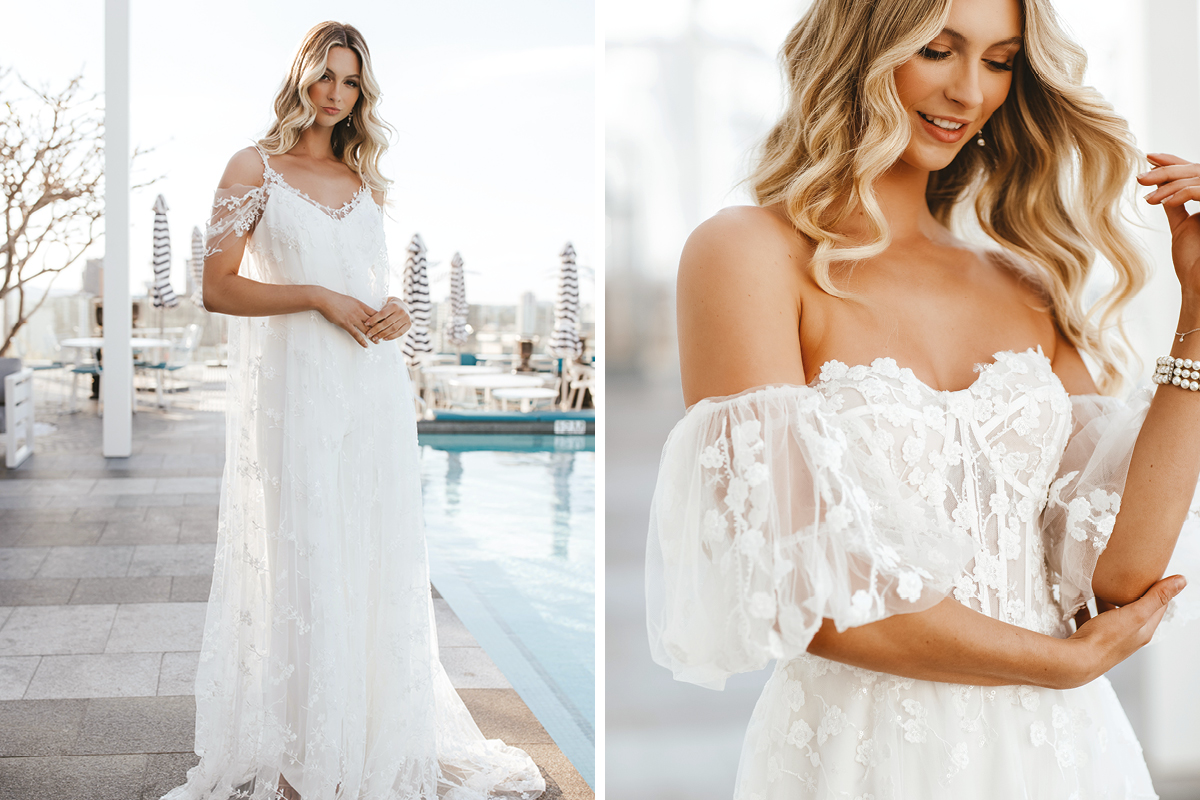 Two floral applique wedding dresses on same blonde model